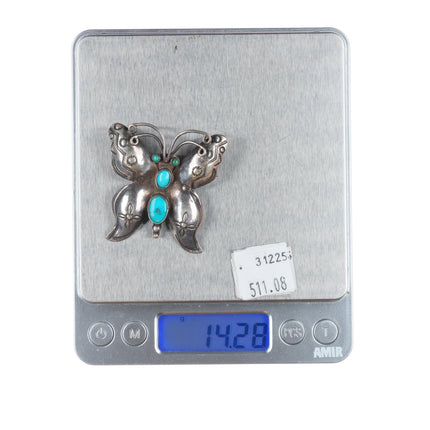 30's-40's Navajo sterling silver hand stamped butterfly pin with turquoise