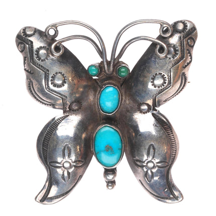 30's-40's Navajo sterling silver hand stamped butterfly pin with turquoise