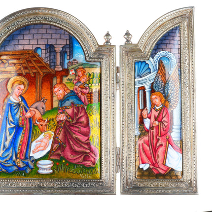 Vintage Valles Sterling silver Enamel folding Nativity Jesus & Mary scene