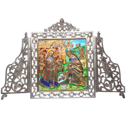 Vintage Valles Sterling silver Enamel Nativity Baby Jesus & Mary scene/frame