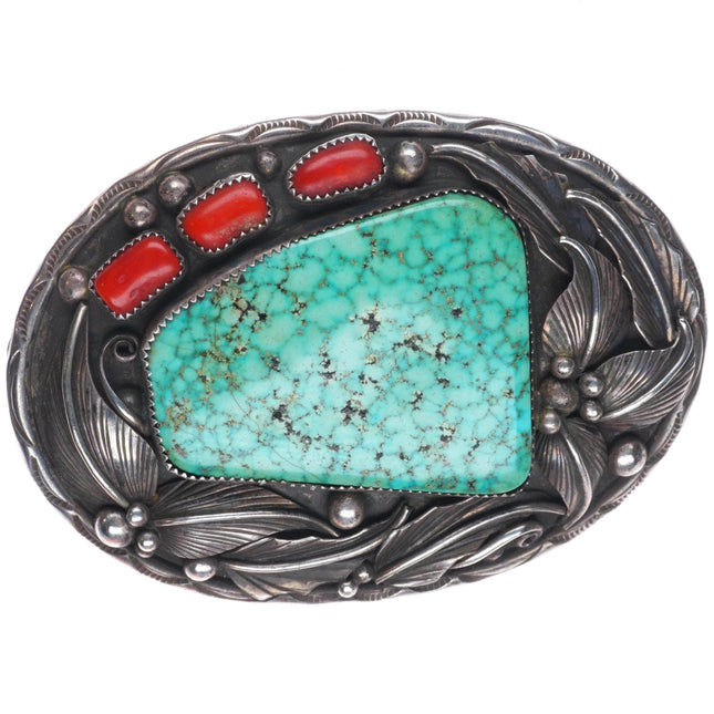 Vintage Navajo sterling silver red webbed Kingman turquoise/coral belt buckle