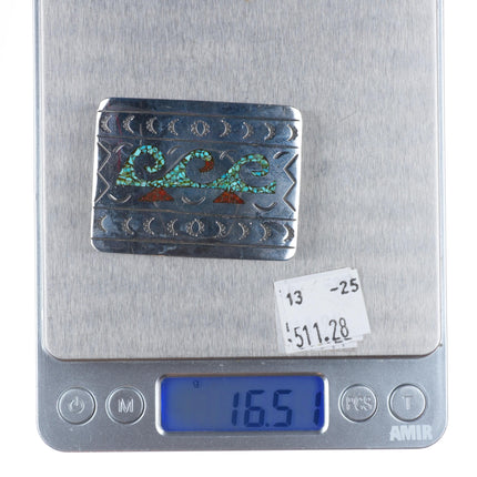 Vintage Atkinsons trading post Navajo chip inlay sterling silver belt buckle