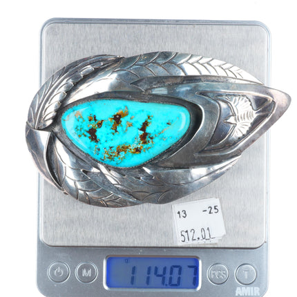 Big Vintage Navajo sterling silver shadowbox belt buckle feather accents