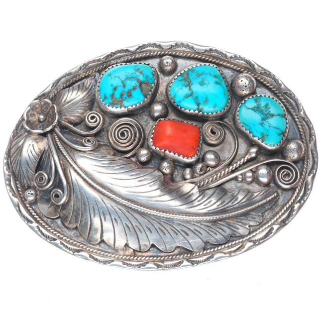 Vintage Navajo sterling silver turquoise coral belt buckle w/large feather