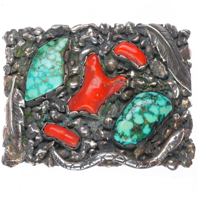 Vintage Southwestern sterling silver snakes belt buckle nice turquoise/coral