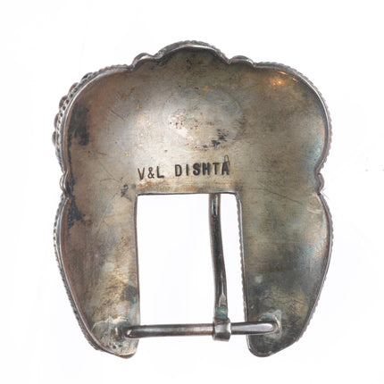 Vintage Dishta Zuni sterling silver flush inlay turquoise ranger belt buckle set