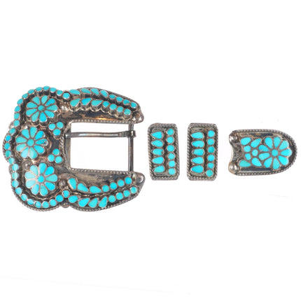 Vintage Dishta Zuni sterling silver flush inlay turquoise ranger belt buckle set