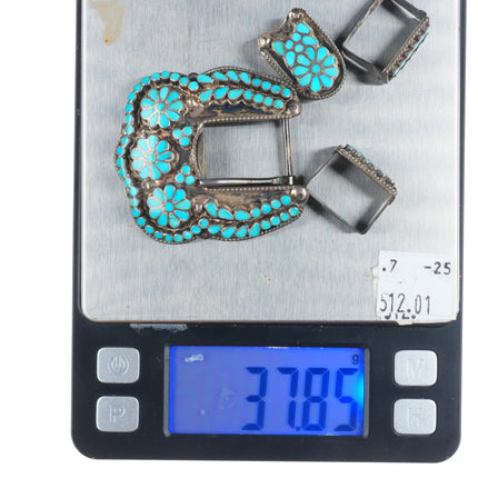 Vintage Dishta Zuni sterling silver flush inlay turquoise ranger belt buckle set