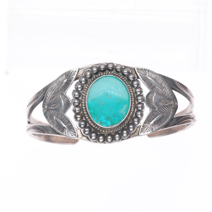 6.5" c1940's Vintage Navajo sterling silver deep stamped cuff bracelet turquoise