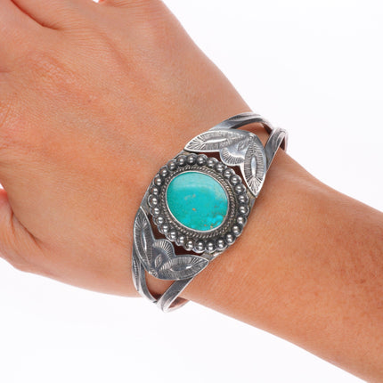 6.5" c1940's Vintage Navajo sterling silver deep stamped cuff bracelet turquoise