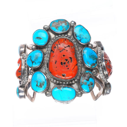 6.75" Stover Paul Navajo sterling silver turquoise/coral cluster cuff bracelet