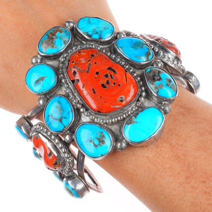 6.75" Stover Paul Navajo sterling silver turquoise/coral cluster cuff bracelet