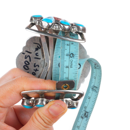 6.75" Stover Paul Navajo sterling silver turquoise/coral cluster cuff bracelet