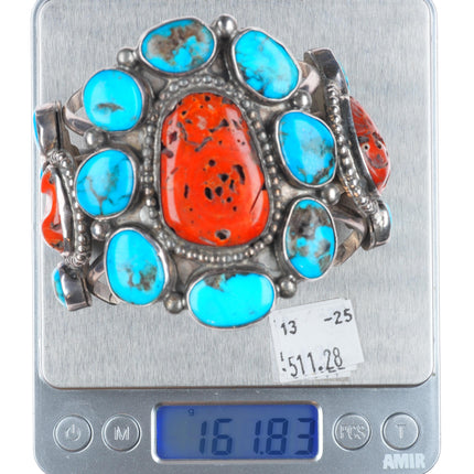 6.75" Stover Paul Navajo sterling silver turquoise/coral cluster cuff bracelet