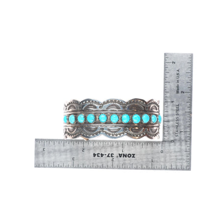 6.3" James Shay Navajo sterling silver snake eye turquoise row cuff bracelet