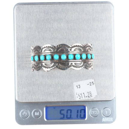 6.3" James Shay Navajo sterling silver snake eye turquoise row cuff bracelet