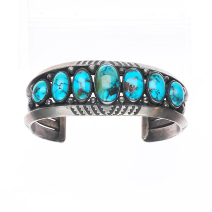 7.1" c1950 Heavy vintage high grade turquoise row cuff bracelet sterling silver