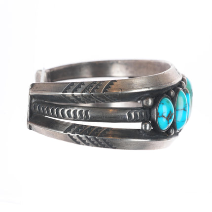 7.1" c1950 Heavy vintage high grade turquoise row cuff bracelet sterling silver
