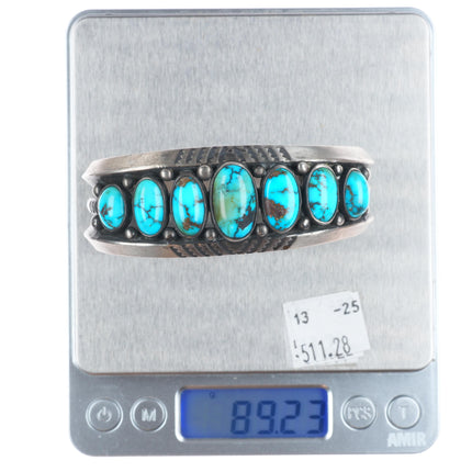 7.1" c1950 Heavy vintage high grade turquoise row cuff bracelet sterling silver