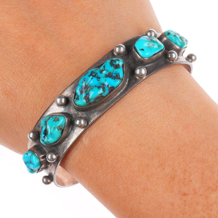 6.6" Vintage Navajo sterling silver turquoise nugget row cuff bracelet