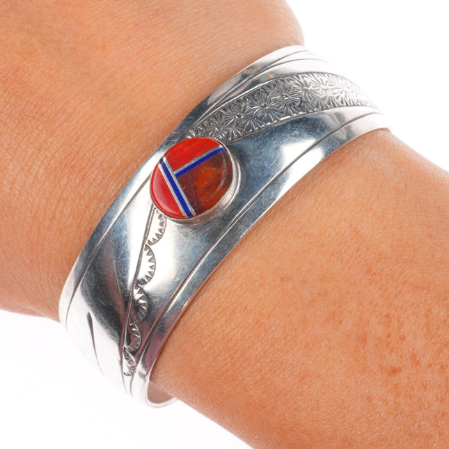 6.3" Benson Sam Navajo sterling silver vintage cuff bracelet coral/lapis inlay