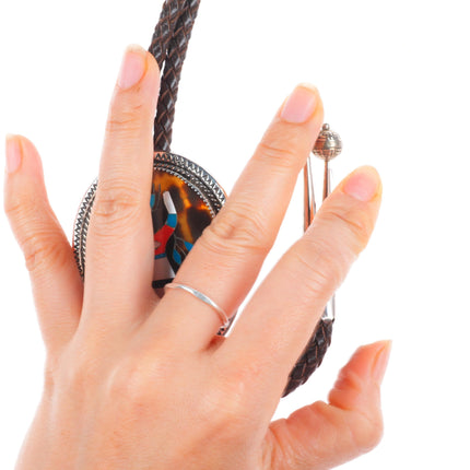 Frank Yellowhorse Navajo heavy turquoise/multi-stone intarsia inlay bolo tie