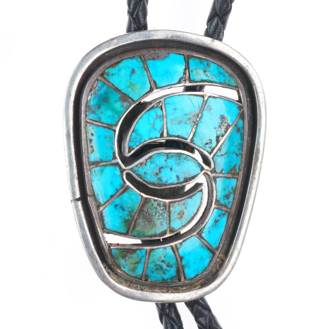 Big c-31 c1960 Zuni Sterling silver Hummingbird turquoise inlay bolo tie
