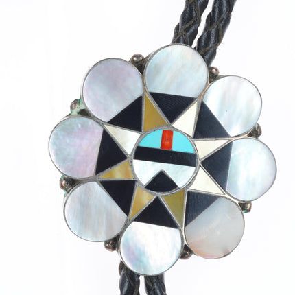 Vintage Dishta Zuni sterling silver sunface shell/turquoise inlay bolo tie