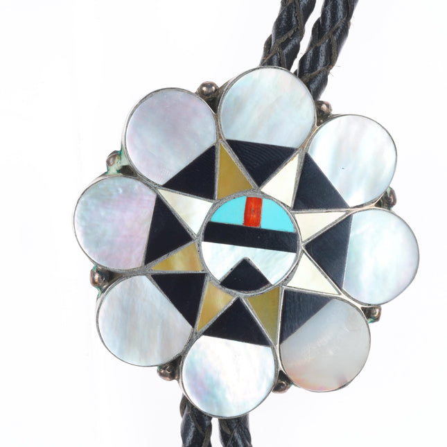Vintage Dishta Zuni sterling silver sunface shell/turquoise inlay bolo tie