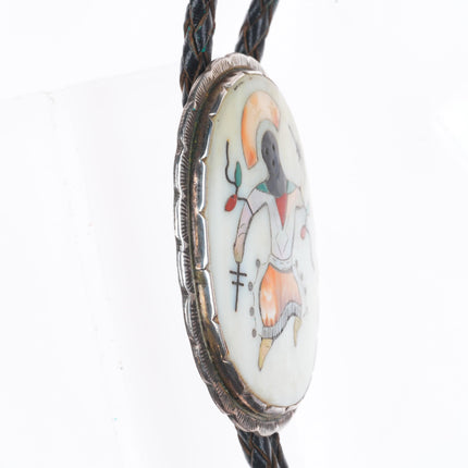 1960 c-31 Elliott Qualo Zuni sterling silver intarsia inlay Ghan dancer bolo tie