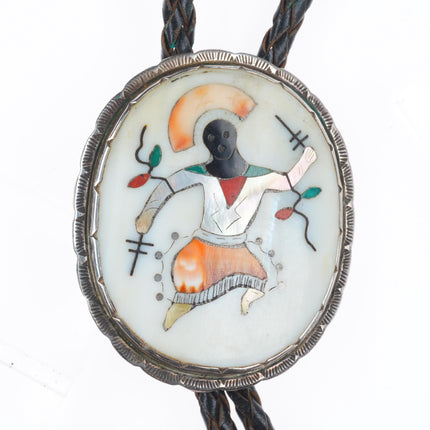 1960 c-31 Elliott Qualo Zuni sterling silver intarsia inlay Ghan dancer bolo tie