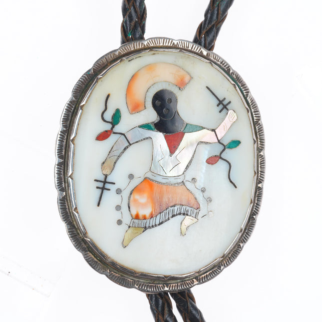 1960 c-31 Elliott Qualo Zuni sterling silver intarsia inlay Ghan dancer bolo tie