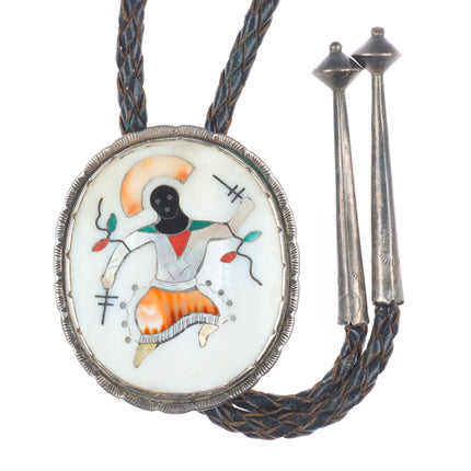1960 c-31 Elliott Qualo Zuni sterling silver intarsia inlay Ghan dancer bolo tie