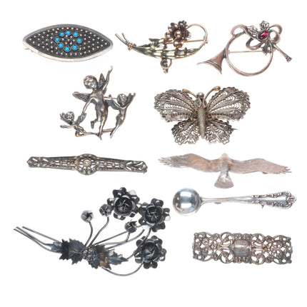 Vintage Sterling silver pin/brooch lot angels butterfly seagull, salt spoon