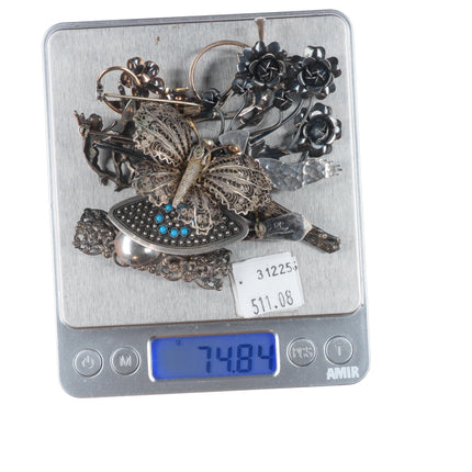 Vintage Sterling silver pin/brooch lot angels butterfly seagull, salt spoon