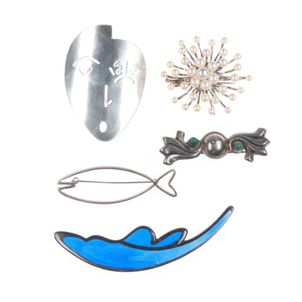 Vintage Sterling silver modernist Denmark enamel pearls, artisan pin/brooch lot