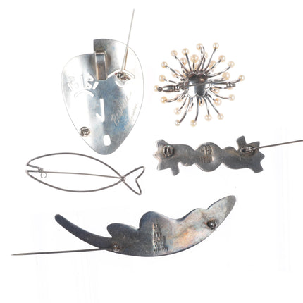 Vintage Sterling silver modernist Denmark enamel pearls, artisan pin/brooch lot