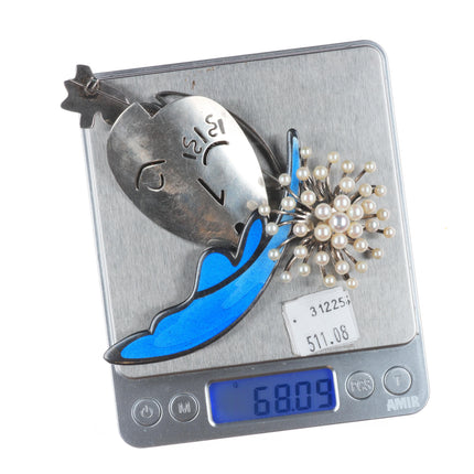 Vintage Sterling silver modernist Denmark enamel pearls, artisan pin/brooch lot