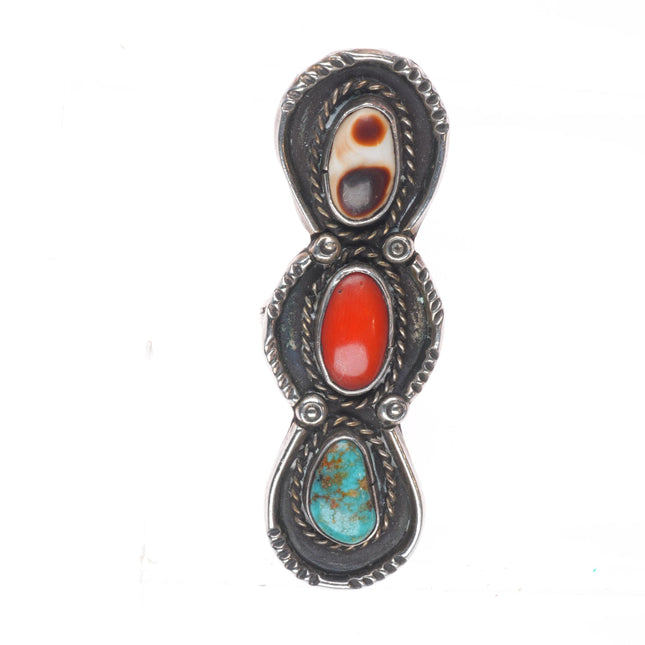 sz6 Long vintage Navajo sterling silver turquoise, cora, shell ring