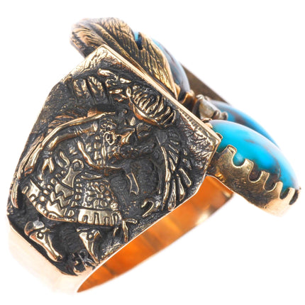 sz12.5 Vintage Navajo Diamond Bisbee Turquoise tufa cast 14k gold men's ring
