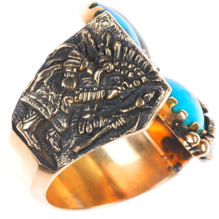 sz12.5 Vintage Navajo Diamond Bisbee Turquoise tufa cast 14k gold men's ring