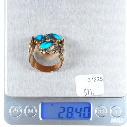 sz12.5 Vintage Navajo Diamond Bisbee Turquoise tufa cast 14k gold men's ring
