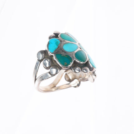 sz8 Vintage Zuni sterling silver flush inlay turquoise floriform ring