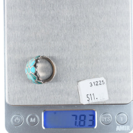 sz8 Vintage Zuni sterling silver flush inlay turquoise floriform ring
