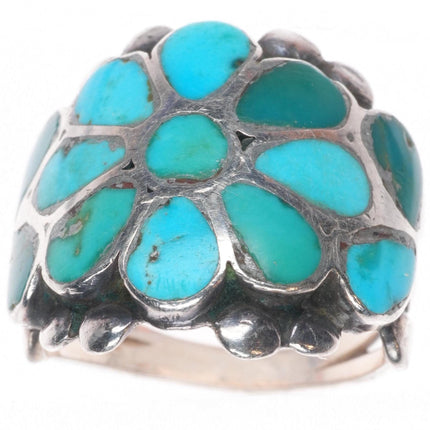 sz8 Vintage Zuni sterling silver flush inlay turquoise floriform ring