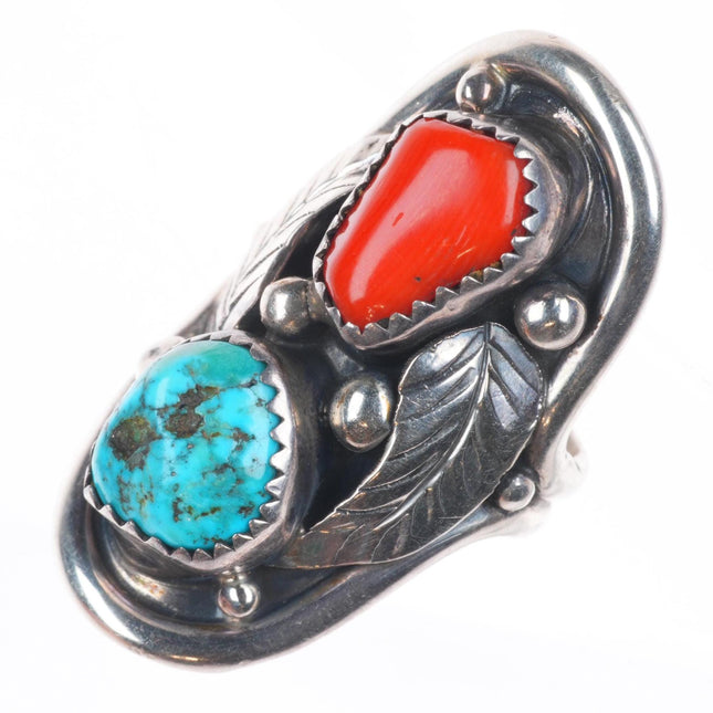 sz5 AD Navajo vintage sterling silver turquoise/coral feather applied ring