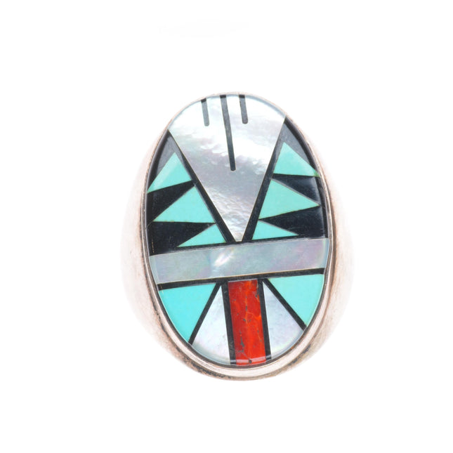 sz12 Big vintage Zuni sterling silver intarsia inlay turquoise/coral men's ring