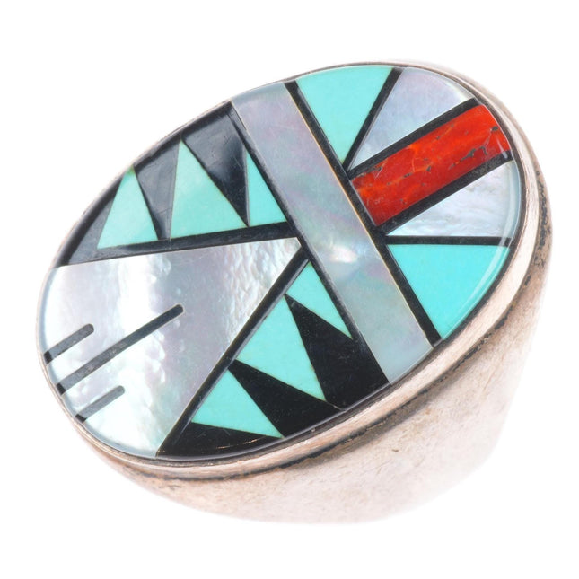 sz12 Big vintage Zuni sterling silver intarsia inlay turquoise/coral men's ring