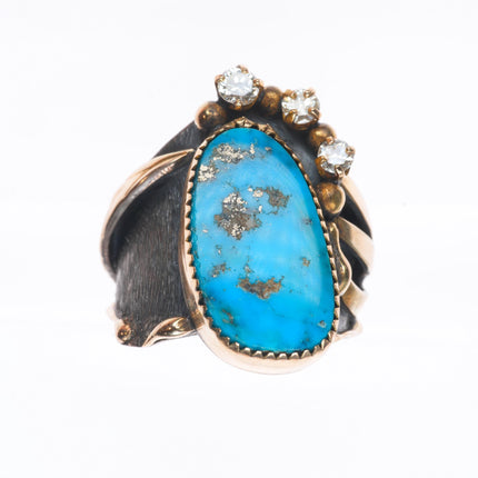 sz11 Vintage Morenci Turquoise, Diamond, 14k gold, sterling silver men's ring