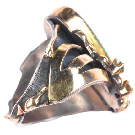 sz11 Vintage Morenci Turquoise, Diamond, 14k gold, sterling silver men's ring